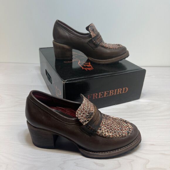 Women's Bristol Freebird Snakeskin Print Leather Chunky Loafer Heels sz 7 - Picture 1 of 11